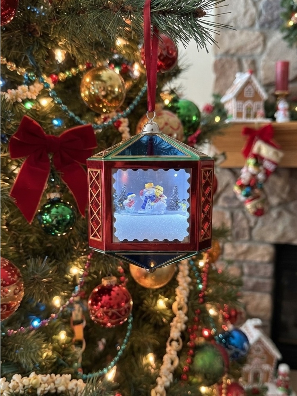 Mr Christmas Holiday Hanging Lantern Mirror Moving Ornament with Snowman Scene